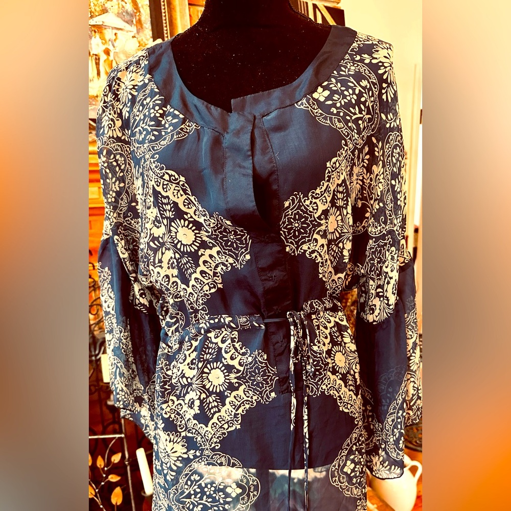 Navy Blue Printed Tunic with Self-Tie Waist